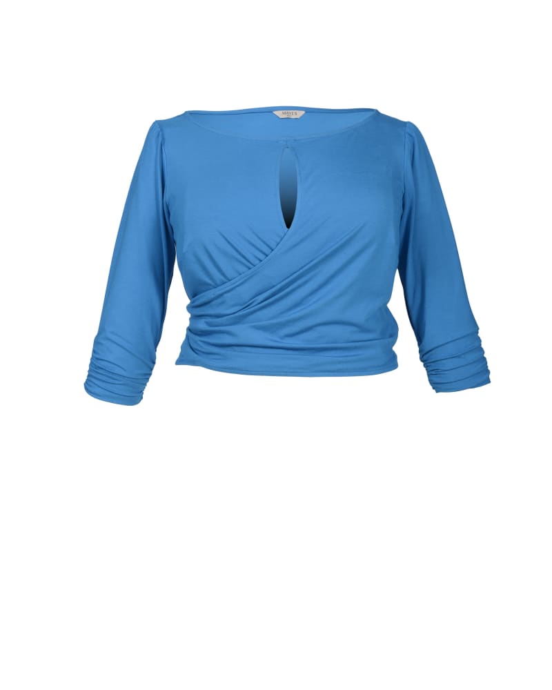 Front of a size XL Tamara Keyhole Wrap Top in Mykonos Blue by MAYES NYC. | dia_product_style_image_id:248340